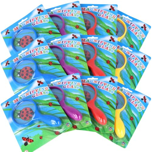 LND Gifts Magnifying Glass Kids Magnifying GlassesMulti Pack Of 12 Large 15cm, Chunky Handle Design Kids Magnifying Glass For Bug Hunting Science And Nature Exploration And Reading 4 Assorted Colours