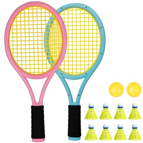 WDKXCN Kids Tennis Rackets Set, Kids Badminton Set with 8 Badmintons, 2 Foam Balls and Storage Bag, Plastic Tennis Racket, for Children Age 3+ Indoor Outdoor Sport Game