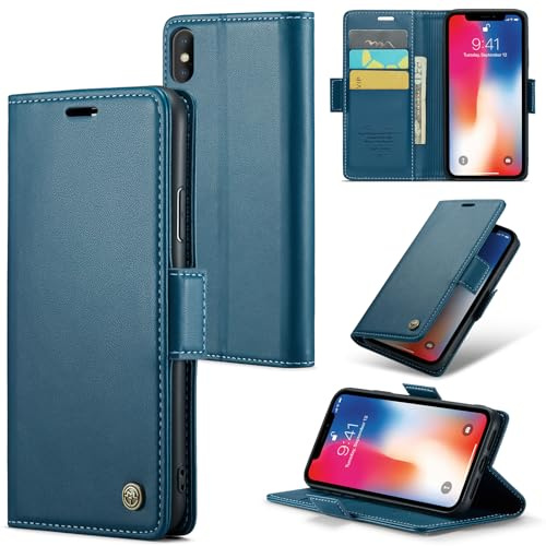 Rerzoiro Coque pour iPhone XS Max, Étui Housse en RFID Protection Premium PU Cuir Portefeuille Rabat Case Magnétique Stand Antichoc, Étui Case pour iPhone XS Max, Bleu