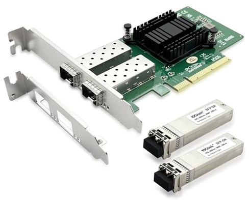 10Gtek 10 Gb SFP+ NIC nätverkskort, Daul SFP+ portar, Intel 82599ES styrenhet, kompatibel till Intel X520-DA2(E10G42BTDA), förpackad med 2 x SFP+ SR-batterier (300 m, MMF, 850 nm)
