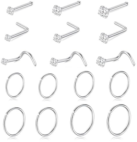 xwnyzw 17 Pcs Silver Nose Piercing Jewellery Set, Silver Nose Rings for Women Fake Piercings, Stainless Steel L-Shaped Noses Studs for Women, for Daily Use Outings Parties Gift Giving and Travel