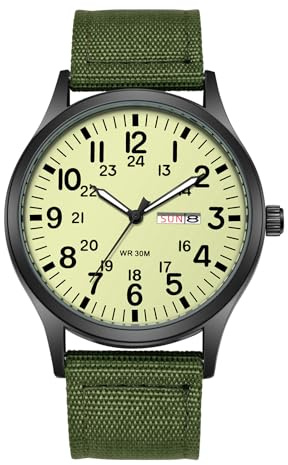 JewelryWe Men's Tactical Military Watch: Practical Date Day Luminous Arabic Numerals Green Nylon Strap Black Large Dial Outdoor Watch for Men Mountaineering Night Riding Jewelry Gift