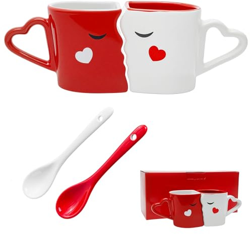 Kaffee Paar Tasse 2er Set, Einzigartige Kussbecher Keramikbecher mit Löffeln, Geschenke für Valentinstag Hochzeitstag Brautdusche Verlobung Weihnachten