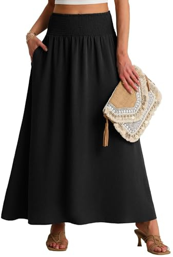 QIXING Jupe longue d'été pour femme A-ligne avec taille haute smockée, jupe plissée à fente avec poches, style bohème, jupe maxi, Noir , M