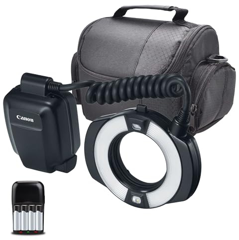 Canon MR-14EX II Macro Ring Lite Bundle | Dual-Tube Ring Flash with E-TTL II, Adjustable Flash Ratio Control & LED Modeling Lamps | Great for Macro Photography (9389B002) + Bag + AA with Charger