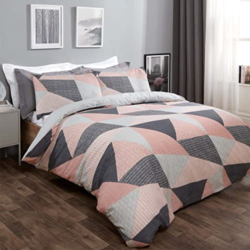 Dreamscene Geometric Duvet Cover with Pillowcases Textured Scandi Pink and Grey Bedding Set, Blush Pink - Double Size