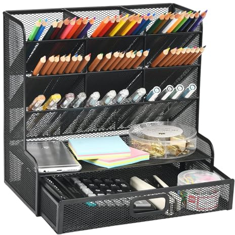 Marbrasse Desk Organiser,Pen Holder with Drawer,Pen Organiser,Balck | Mesh Desktop Multi-Functional Stationary Storage Rack for School Home Office Art Supplies