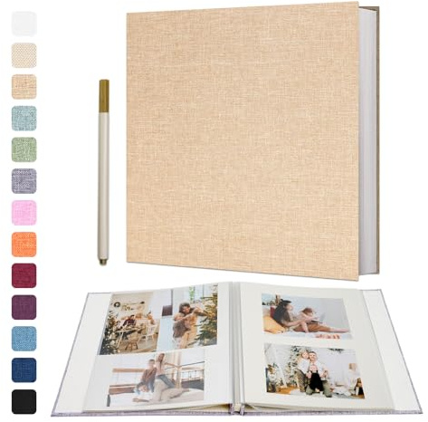 Vienrose Self Adhesive Photo Album, 60 Pages, 28 x 27 cm, Khaki | Khaki linen cover; 60 pages (30 sheets); holds up to 180 6 x 4 in or 60 8 x 10 in photos; includes metal pen