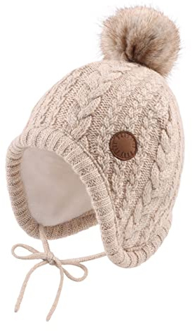 XIAOHAWANG Cappello Invernale per Neonati con Fodera in Velluto per Bambini Beanie per Bambini Earflap Caldi Cappelli per Bambino per Ragazze con Pompon (Beige, 6-18 Mesi)