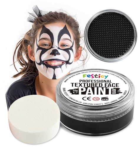 Festicy Profi Theaterschminke Schwarz, 20g, inkl. Schwamm | Halloween Schminke 2025 & Karneval | EN 71-3 & Reach Zertifiziert | Kinderschminke für mind 30 Gesichter I Dämon, Fledermaus, Clown, Face