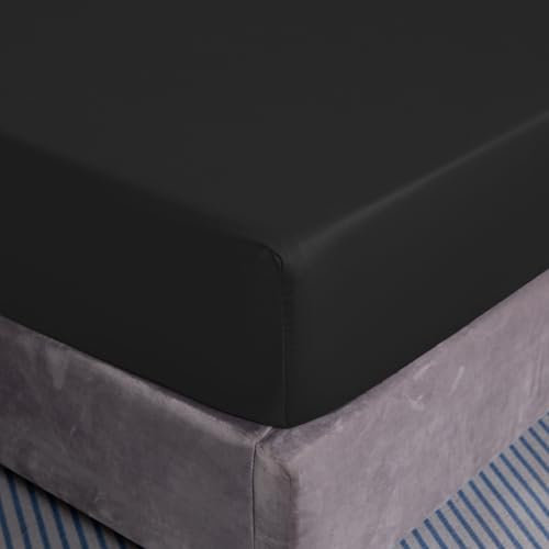 Cotton Market Spannbettlaken mit Gummi 140x200 cm - Robust Bettlaken aus Baumwolle - Einfarbig Spannbetttuch Standardgröße - Thermoregulierung Bettlaken - Schwarz