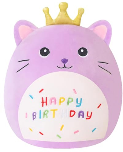Xfrog Cat Stuffed Animal Plush Pillow 10 Cute Birthday Plushies Kawaii Purple Cat Plush Toys with Golden Crown Gifts for Kids 25CM
