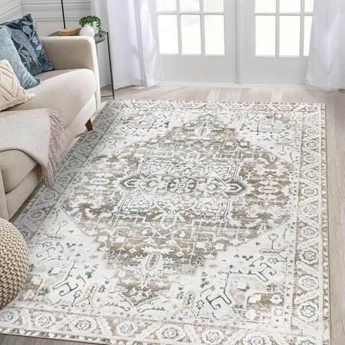 Famibay Alfombra Salón Lavable Lavadora Alfombras de Habitación de Pelo Corto Alfombra Dormitorio Vintage Marrón y Beige Suave Antideslizante 120x170cm para Salón Dormitorio Comedor