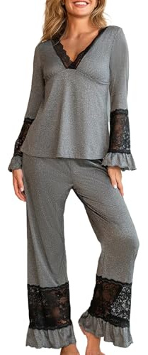 crazy bean Pigiama Donna Manica Lunga e Pantaloni in Pizzo Maglietta Scollo a V Maniche Lunghe con Volant Due Pezzi Leggero Elegante per Primavera Autunno Grigio XL