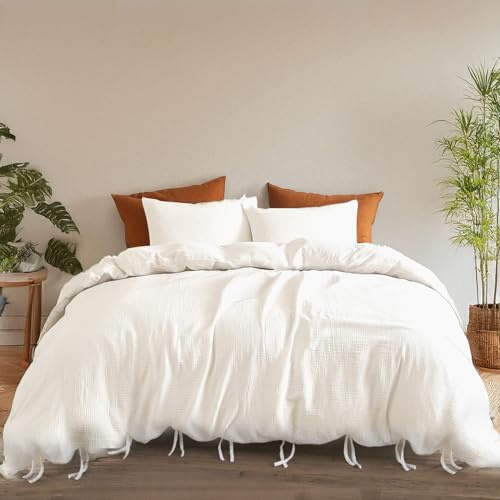 LINENWALAS 100% Cotton Muslin Duvet Cover Set King Size- 3-Piece Ultra Soft & Breathable Bed Linen, Hotel Quality Quilt Cover with Bow Knot Closure Bedding (226x220 cm, White)