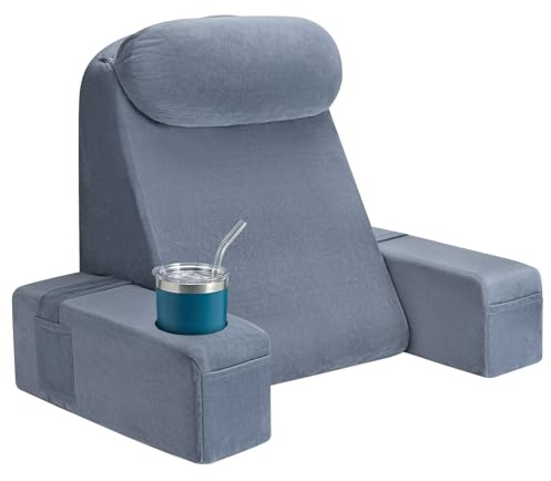 AS AWESLING Reading Pillow for Adults, Back Pillow for Bed Sitting Up, Backrest Cushion for Sitting in Bed, Detachable Arms with Built-in Cup & Phone Caddy (GREY, 19 INCH)