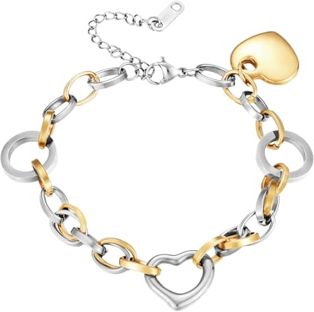 Emibele Bracciali Cuore per Donne, Acciaio Inossidabile Oro Argento con Charm Cuore, Catena Mano Argento con Chiusura Regolabile, Gioielli Romantici Regali San Valentino per Donne Uomini