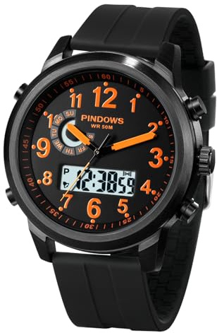 PINDOWS Watches for Men, 30M Waterproof Military Digital Analog Outdoor Sport Watch Multifunctional Wristwatch with Dual Time LED Backlight Alarm Stopwatch Calendar