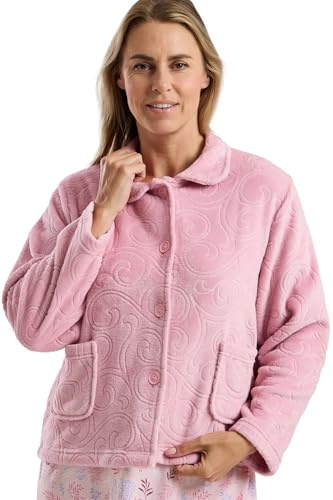 Marlon Women's Lucy Fleece Bed Jacket - Soft Short Robe with Collar, Long Sleeves & Button or Zip Closure - Cosy & Warm Loungewear, Swirl Rose, XL