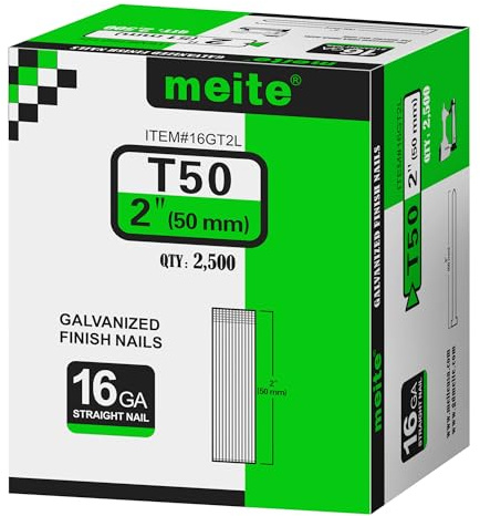meite 16 Gauge Finish Nails, 2-Inch Galvanized 16GA Finish Nails, Small Straight Finishing Nail, Ideal for Woodworking, Upholstery, and Framing Projects (2,500 Counts)