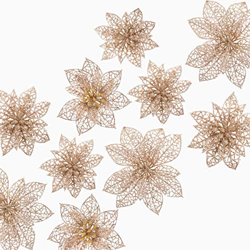 Naler Julblommor, 24 stycken, med glitter, juldekoration, julgransprydnad, fin i julgran eller adventskrans, champagne