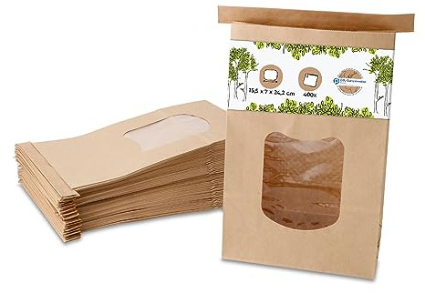 Bolsas de papel biodegradables con fondo plano tamaño L con ventana y cierre clip 400 unidades I bolsas de papel kraft con ventana y revestimiento PLA I bolsas para galletas, té, etc