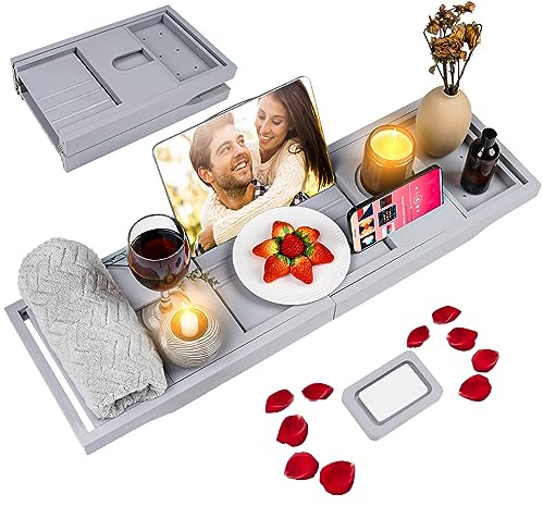 Foldable Bathtub Caddy Tray, Bamboo Bath Tub Tray Table for Tub with Wine Glass Holder Book Phone Tablet Holder with Extending Sides, Adjustable Bathroom Bathtub Free Soap Holder Gift Idea (Grey)