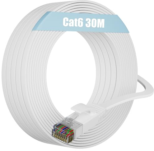 Soibke LAN Kabel 30 Meter Weiß, Cat 6 Netzwerkkabel 30m Dünn, Internet Kabel Flach Ethernet Kabel Lang, Verdeckt verlegtes Hochgeschwindigkeits WLAN Kabel Gigabit 1000Mbits Patchkabel