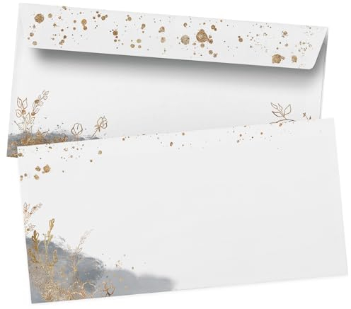 50 Briefumschläge DIN Lang | Goldlook Aquarell grau | selbstklebend ohne Fenster | Brief-Umschlag mit Design-Motiv bedruckt | 90 g/m²