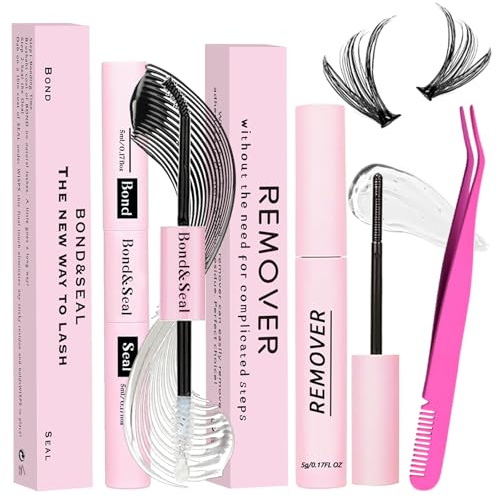 Qiveaory Kit de Extensión de Pestañas Cluster 3Pcs Adhesivo Pestañas Lash Bond and Seal 72h Rímel Eliminador de Rímel Pinzas para Principiantes de Rímell
