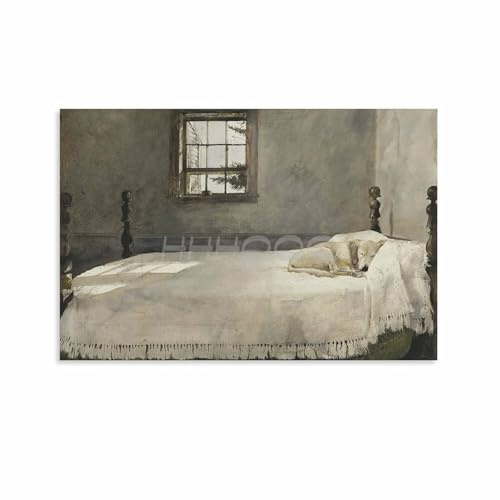 Master Bedroom by Andrew Wyeth Circa 1965 Dog Resting on Bed Scene Realism Poster Art Canvas Painting Posters And Prints Wall Art for Living Room Bedroom Decor 18x12inch(45x30cm) Unframe-style