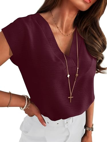 ANRABESS Women Tops Cap Sleeve Textured Dressy Casual V Neck Shirts 2025 Summer Business Work Blouses Outfits Burgundy Medium