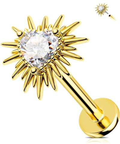 Jewseen Orecchino per cartilagine con cuore in zirconia cubica, con retro piatto, senza filettatura, 16 g, per labbro, trago, piercing per labbro, 16G 8MM, Acciaio inossidabile