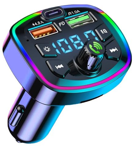 Bluetooth 5.0 FM Transmitter, Car Radio Zigarettenanzünder mit 2 USB C QC PD 20W Autoladegerät, KFZ Bluetooth Adapter Unterstützung Freisprechanruf, TF Karte, U Disk, Umgebungslicht, EQ Funktion