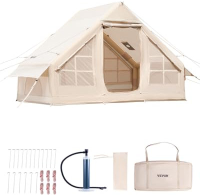 VEVOR Inflatable Tents for Camping, 3-5 Person Easy Setup Blow up Tent with Hand Pump, 300D Oxford 4 Season Glamping Tent with Stove Jack 2 Doors & 2 Mesh Windows, Storage Bag Included for Easy Taking