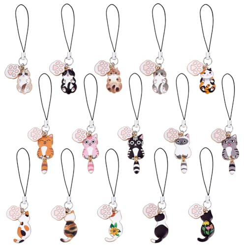 PH PandaHall 15 Styles Cat Phone Charms, Cute Hanging Cat Kawaii Charm | Alloy Enamel Cell Phone Pendants Strap for Mobile Phones Backpack Wallet Keychain Pendant Decoration