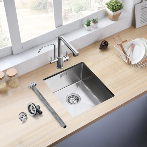 ROVOGO 40 x 30 cm Unterbau Spülbecken Küche, Unterbauspüle aus Edelstahl 304, Küche Spüle mit Siebkorbventil und Überlauf, Gebürstete Küchenspüle Handgefertigte, 1 Becken Einbauspüle