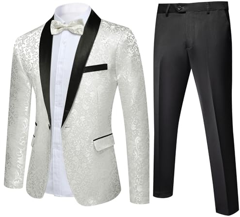 YFFUSHI Costume Jacquard Homme 2 Pièces 1 Bouton Revers Châle Mariage Soirée Luxe Veste Pantalon Noeud Papillon, Blanc, S