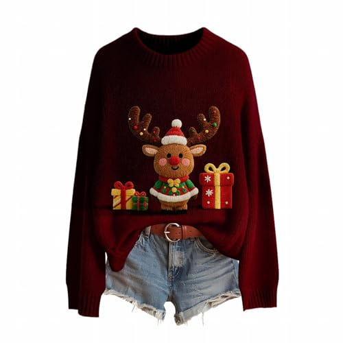 Christmas Jumpers for Women Fashion 3D Print Womens Knitted Jumpers Long Sleeves Ladies Xmas Sweaters Winter Warm Fleece Pullover Sweaters Soft Comfortable Crew Neck Jumper Oversized Sweatshirts