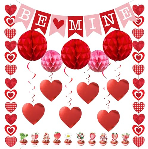NINESPRING Juego de 22 corazones decorativos para San Valentín, decoración romántica de corazón, bolas de panal de abeja, guirnalda de corazones rojos y rosas, para San Valentín, propuesta de