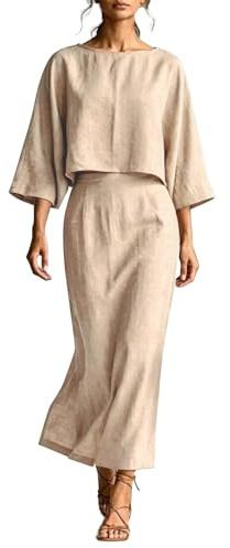 YYHAQHC Completo Lino Donna 2 Pezzi Elegante - Set Coordinato Estivo in 6 Colori Desaturati, Maglia Cropped e Gonna Midi Vita Alta, Outfit Effortless Chic per Ufficio, Appuntamento e Vacanze