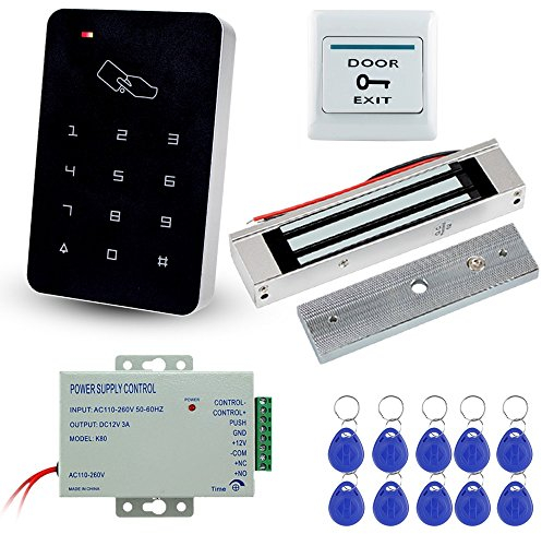 LIBO Stand-alone Door Access Control System Kit Set with 180kg/350lbs Electric Magnetic Lock, DC12V/3A Power Supply, Door Exit Release Button, 10pcs RFID EM ID Keyfobs
