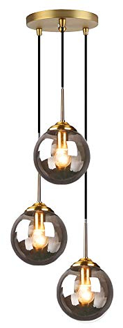 HJXDtech Industrielle Vintage Messing 3-Fläming Pendelleuchte Cluster, Grau Glaskugel Hängelampe Kronleuchter E27 Fassung Deckenleuchte für Küche Wohnzimmer