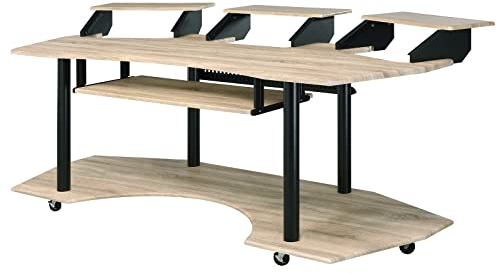 Acme 83 Music Recording Studio Computer Gaming Desk with Wood Storage Keyboard Tray, Wing Shaped & 3 Stands Tray & Botton Shelf Metal Frame, Casters Included, Easy Assembly, Natural Oak Finish