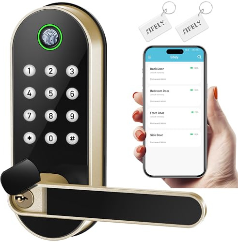 Fingerprint Smart Door Lock with Handle & Keypad – Bluetooth Keyless Entry for Front Door, Home, Kids, Guests, Airbnb & Rental, App + Code Access, Compatible with Alexa & Google, Easy DIY Install