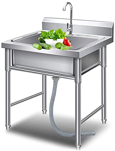 HAPPLiGNLY Edelstahl-Küchenspüle, gewerbliche Einzelspüle, unabhängiges, bewegliches, multifunktionales Waschbecken zum Waschen von Gemüse und Geschirrspülbecken mit Wasserhahn-Ablaufarmature
