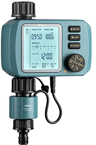 HiOazo Programmateur d'Arrosage Automatique, avec Compteur d'eau Débit, arrosage Automatique et Rapide, délai de Pluie, Verrouillage Enfant, Grand Écran LCD Étanche IP54 pour Jardin, Pelouse, Ho-WT-1