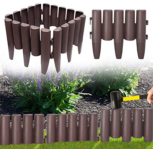 JOIEYOU Rasenkante Beeteinfassung, Flexibler Holzoptik Gartenpalisade 2,8 M, PP Beetumrandungen mähkante für Gartenzaun decorativ, L 28 x H 24 cm, 10 Stücke, Braun