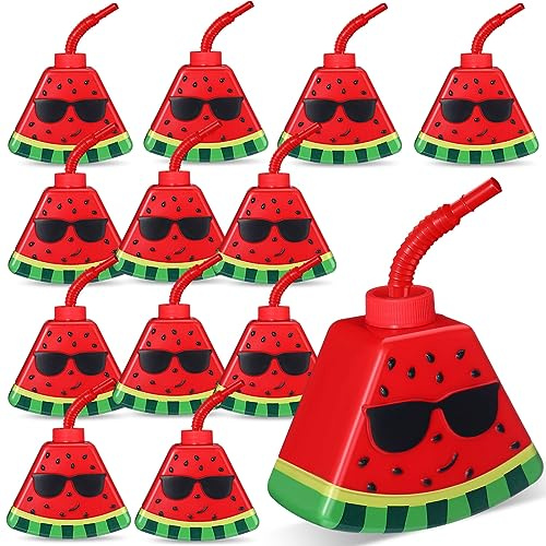 Dandat 12 Pcs Watermelon Birthday Decoration Party Favors 13oz Plastic Watermelon Shape Cups with Straws and Lids Fruit Party Sippy Cups for Christmas Stocking Stuffers