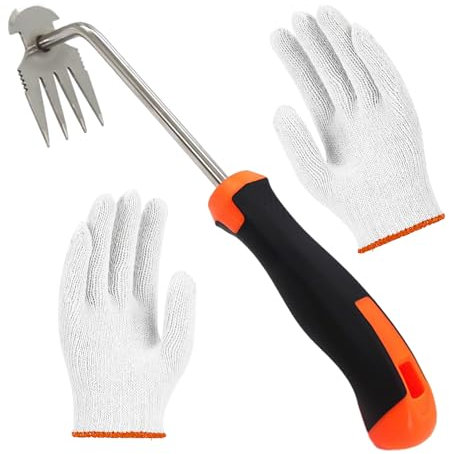MEMOFYND Outil de désherbage en 1 pièce avec 1 paire de gants en gaze de coton, crochet de désherbage à quatre dents, outil de désherbage en acier inoxydable, outil de désherbage, convient pour le